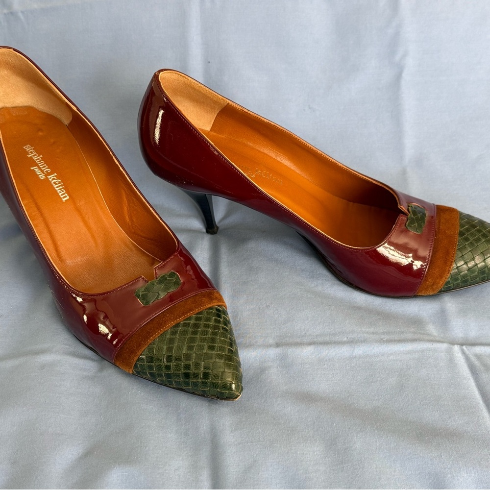 Stephane Kelian Burgundy Patent and Green Snakeskin-Effect Pointed-Toe Heels